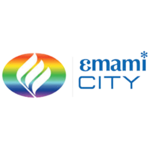 Emami City logo featuring a multicolored circular emblem with a white flame icon and blue Emami City text on a black background.