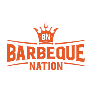 Barbeque Nation logo featuring an orange crown with the initials BN above the bold Barbeque Nation text on a black background.