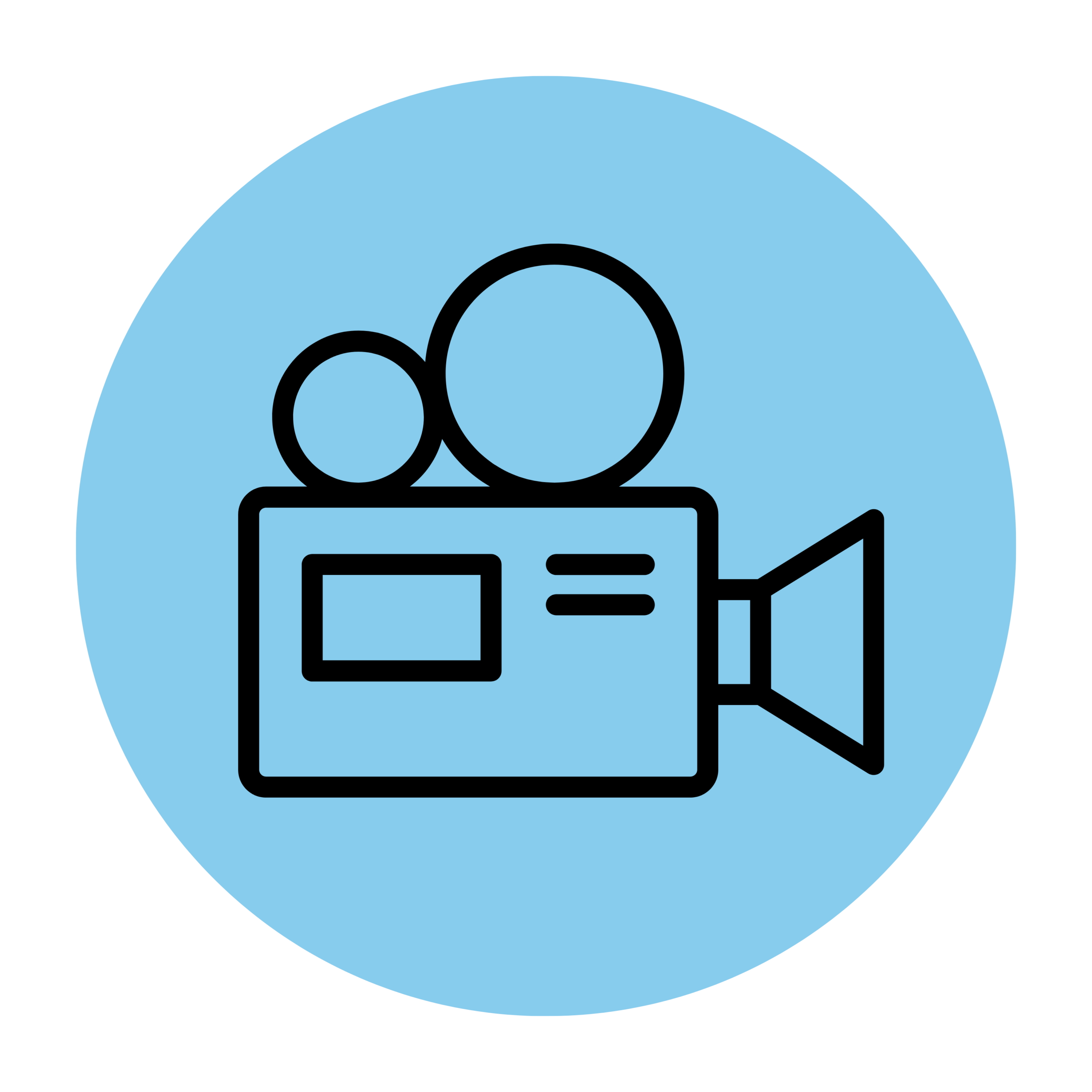 Minimal video camera icon inside a light blue circular background representing professional videography and filmmaking services.