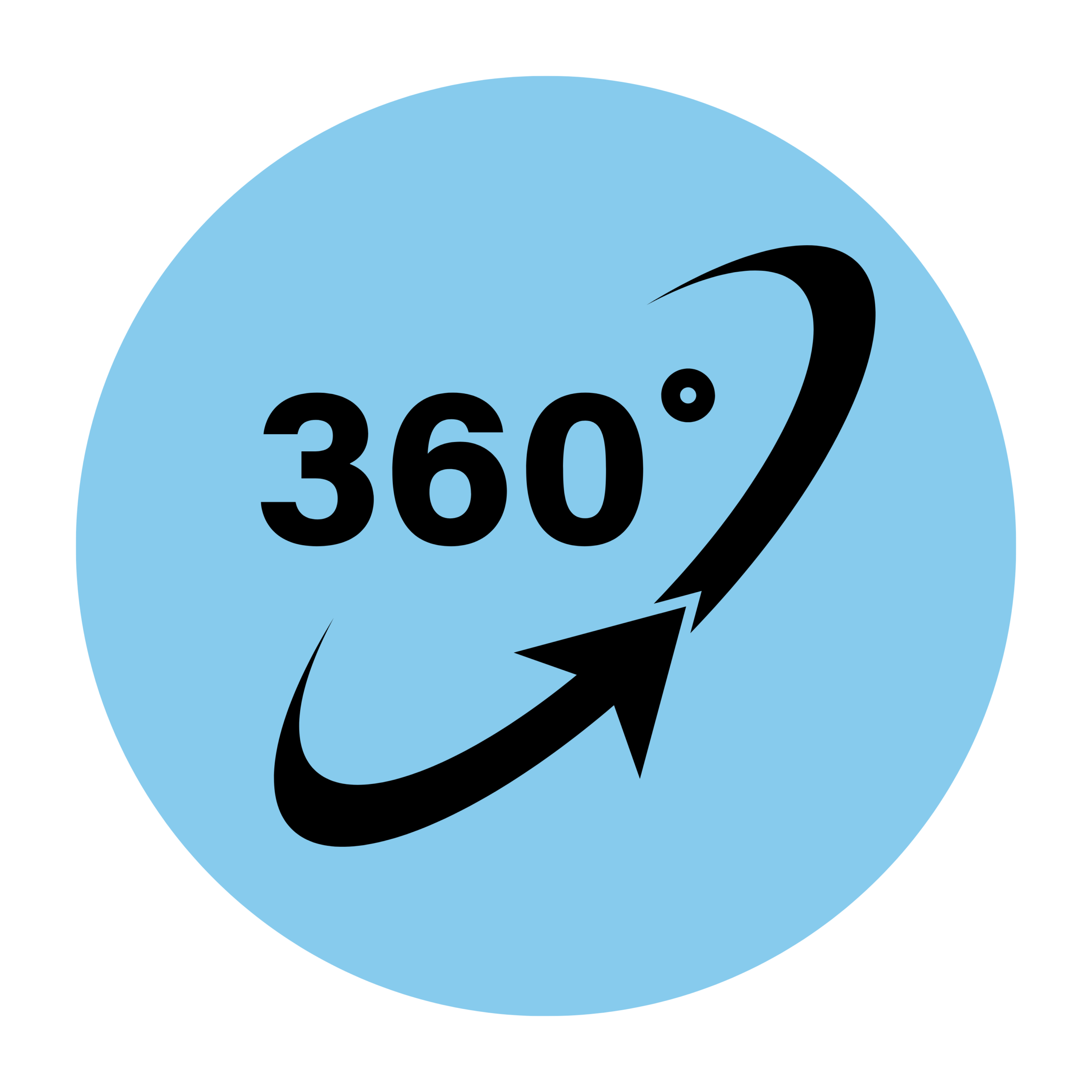 360-degree virtual tour icon with a circular arrow surrounding the text "360°" on a light blue circular background.