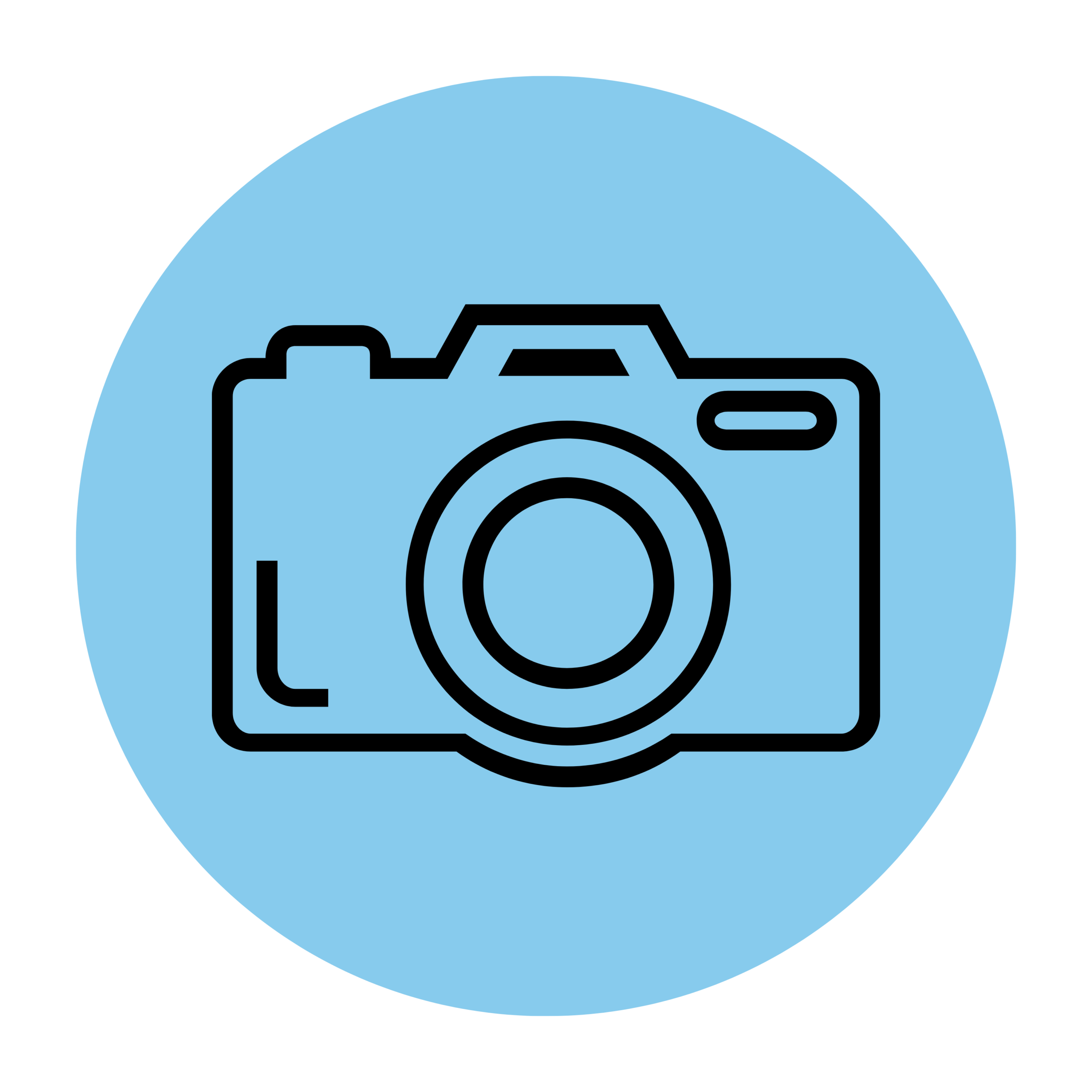 Minimal camera icon inside a light blue circular background representing professional photography services.